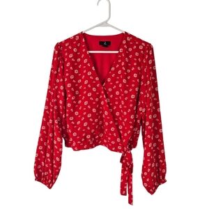 Jason Wu Floral Daisy Print Long Sleeve Wrap Blouse XS Tie Waist Red Lightweight